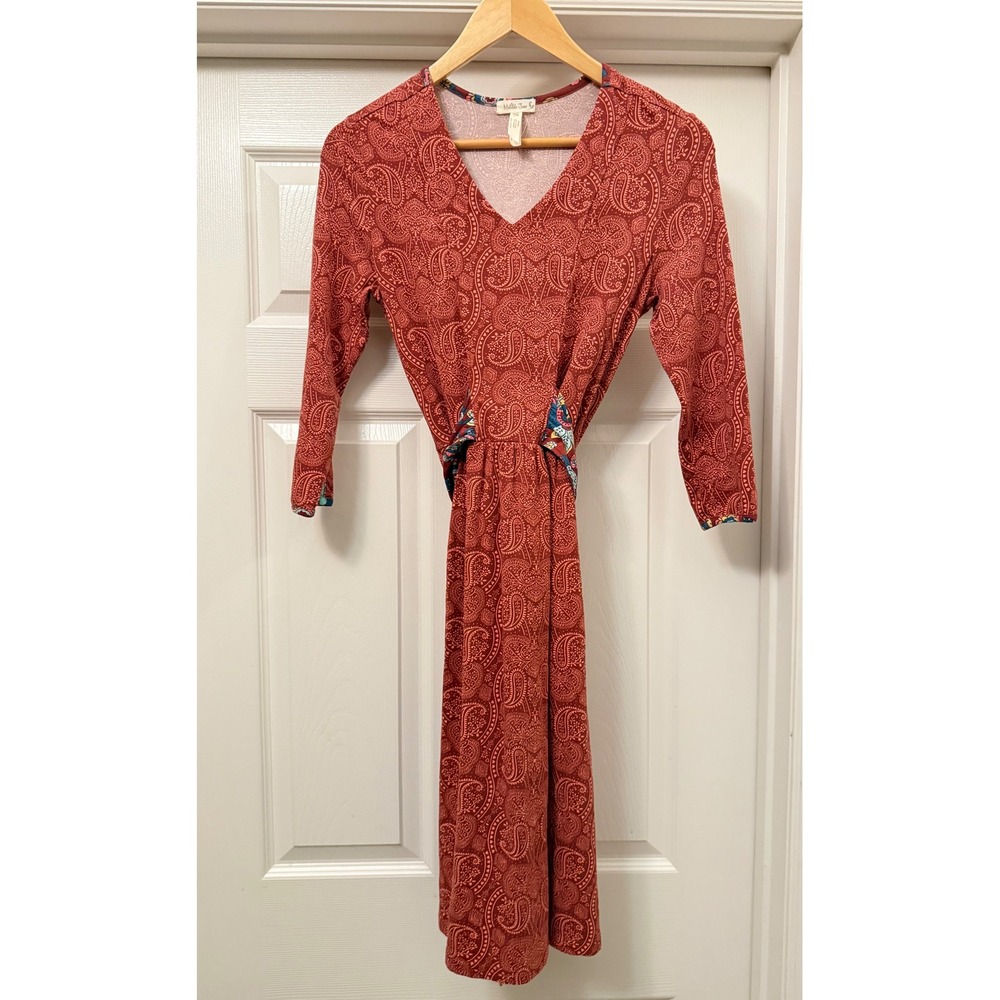 Matilda Jane Dress Women XS Red Paisley V-Neck 3/4 Sleeve Tie Back Midi 186530